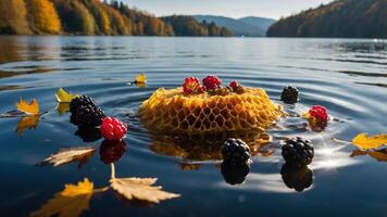 A honeycomb surrounded by berries and autumn leaves, floating on a serene lake. photo