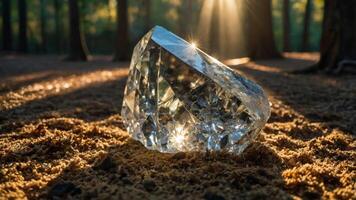 A large, sparkling crystal rests on the forest floor, illuminated by soft sunlight. photo