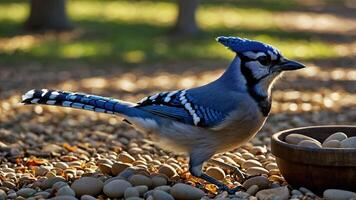 A blue jay stands near a bowl of eggs on a bed of pebbles in a serene outdoor setting. photo