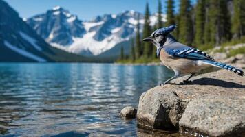 A blue jay perched by a serene lake with mountains in the background. photo