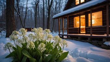 A cozy cabin in a snowy forest, illuminated warmly, with flowers in the foreground. photo