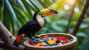 A toucan perched on a bowl of colorful candies in a lush, tropical setting. photo
