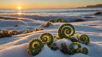 A serene beach scene with ferns emerging from snow as the sun sets over the ocean. photo