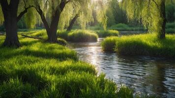 A serene riverside scene with lush greenery and willow trees reflecting in the water. photo