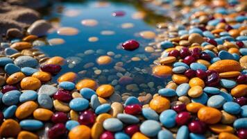 A colorful arrangement of pebbles surrounding a reflective pool of water. photo