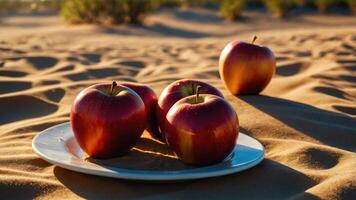 A plate of apples resting on sandy terrain in a desert-like environment. photo