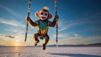 A playful monkey swings on colorful ropes against a stunning sunset backdrop. photo