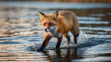 A fox wading through water, creating splashes in a natural setting. photo