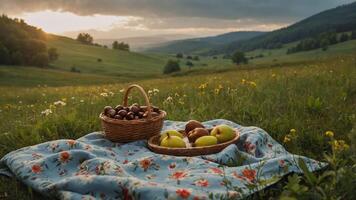 A picnic scene with baskets of fruits and nuts on a blanket in a scenic meadow. photo