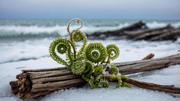 A green fern sprouting on driftwood by the ocean, highlighting nature's resilience. photo