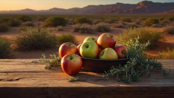 A bowl of fresh apples on a wooden table with a desert landscape in the background. photo