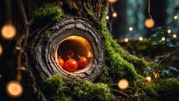 A cozy scene featuring ripe tomatoes nestled in a tree hollow surrounded by soft lights. photo