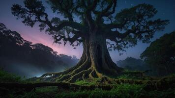 A majestic tree with sprawling roots under a twilight sky, surrounded by misty forests. photo