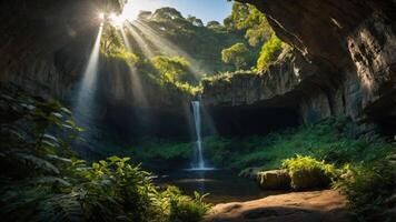 A serene waterfall cascades into a lush cave, illuminated by sunlight filtering through. photo