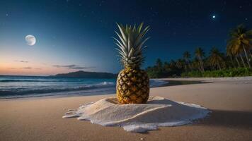 A pineapple on a sandy beach at dusk, surrounded by waves and palm trees under a moonlit sky. photo