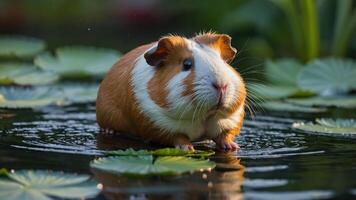 A guinea pig wades through a pond surrounded by lily pads. photo