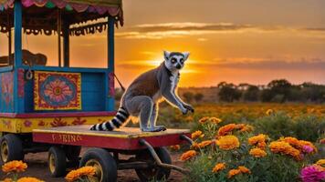 A lemur poses on a colorful cart amidst vibrant flowers at sunset. photo