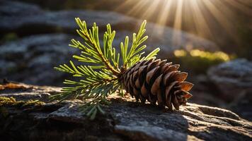 A pine cone rests on a rock, illuminated by soft sunlight filtering through trees. photo