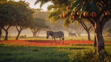 A zebra wanders through a vibrant landscape with trees and colorful fruit in the background. photo