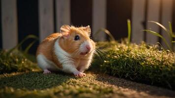 A cute hamster exploring a grassy area with a warm light background. photo