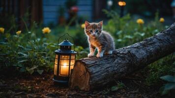 A cute kitten perched on a log beside a glowing lantern in a garden setting. photo