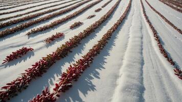 Snow-covered field with rows of red plants, creating a striking winter landscape. photo