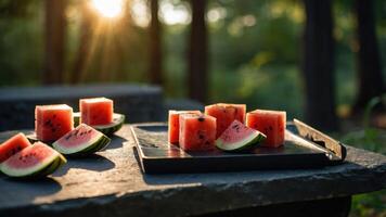 Fresh watermelon slices and cubes on a stone surface, illuminated by soft sunlight. photo