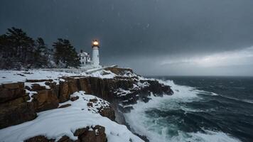 A snowy lighthouse stands resilient against turbulent ocean waves under a stormy sky. photo
