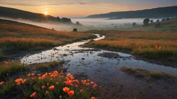 A serene landscape at sunrise with flowers and a winding stream. photo