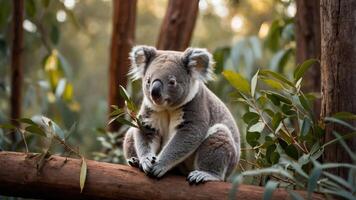 A koala perched on a tree branch among green eucalyptus leaves in a natural setting. photo