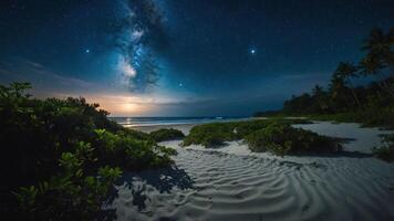 A serene beach scene under a starry sky, showcasing the Milky Way and tranquil ocean waves. photo