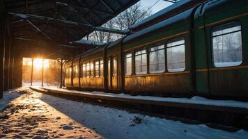 A snowy train platform at sunset, capturing a serene winter scene in an abandoned station. photo