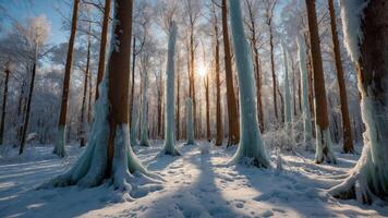 A serene winter forest with icy trees and soft sunlight filtering through the branches. photo