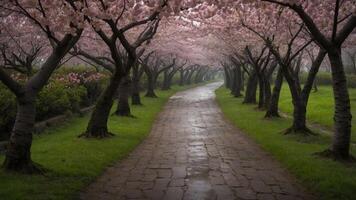 A serene pathway lined with blooming cherry blossom trees in a tranquil setting. photo