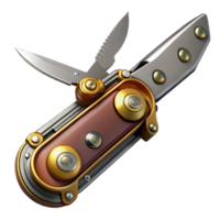 exemplary industrial Steampunk pocket knife with multiple blades and a brass handle. NO BACKGROUND with Transparent Background. artisan png