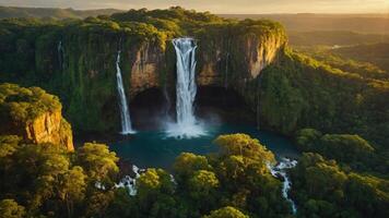 A stunning waterfall cascading into a serene pool, surrounded by lush greenery and mountains. photo