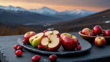 A scenic display of apples and berries on a slate surface with mountains in the background. photo