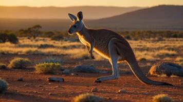 A kangaroo hops through a sunlit Australian landscape at dusk. photo