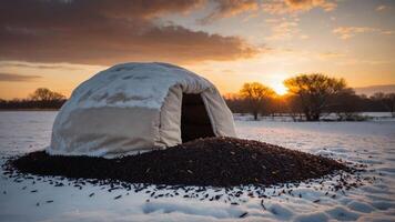 A snow-covered structure in a field at sunset, surrounded by dark material. photo