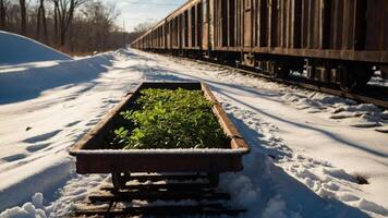 A green plant tray sits on snowy ground beside a train track in winter. photo