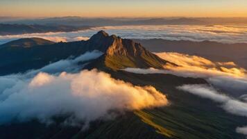A breathtaking mountain peak emerges above the clouds during a vibrant sunset. photo
