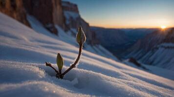 A budding plant emerges from snow, symbolizing resilience in a harsh environment. photo