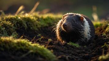 A close-up of a small animal with dark fur and a white stripe, surrounded by earthy terrain. photo