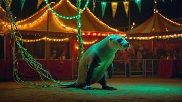 A seal performs in a circus setting, illuminated by colorful lights and surrounded by spectators. photo