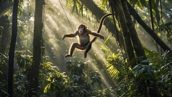 A monkey swings through a lush rainforest, illuminated by beams of sunlight. photo