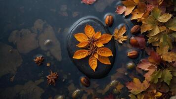 A serene composition of autumn leaves, nuts, and stones in still water. photo