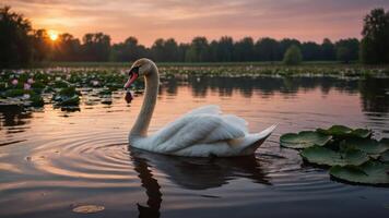 A serene swan glides across a tranquil lake at sunset, surrounded by lily pads. photo