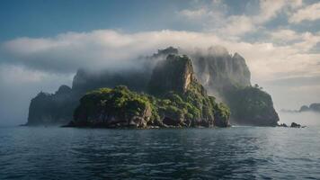 A serene island shrouded in mist, surrounded by calm waters and lush greenery. photo