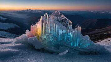 A stunning crystal formation illuminated by colorful lights against a mountain backdrop. photo