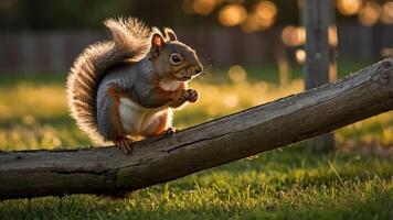 A squirrel perched on a log in a sunlit grassy field, showcasing its playful demeanor. photo